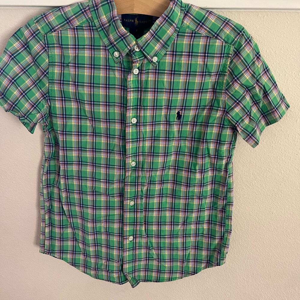 Ralph Lauren Boys Short Sleeve Green and Blue Plaid Shirt